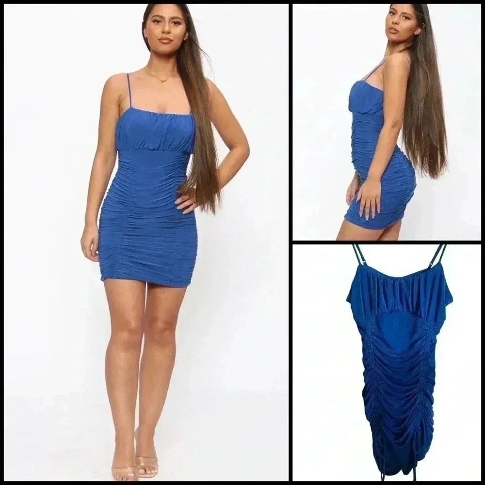 Inspired Hearts Royal Blue Bodycon Ruched Dress With Drawstring On Sides Size XL